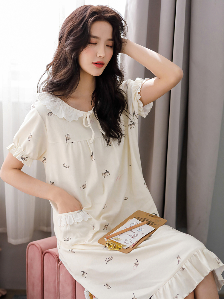 Night dress women's pajamas Summer summer pure cotton short-sleeved cotton thin section medium and long version of Japanese cute sweet princess style