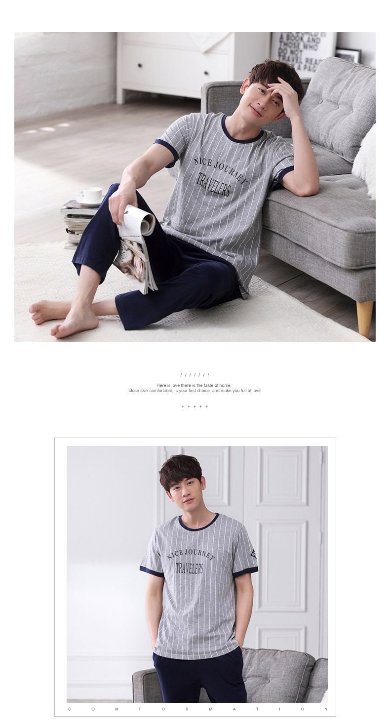 Đồ ngủ nam mùa hè cotton ngắn tay quần dịch vụ nhà cotton mùa hè phần mỏng thể thao giản dị mặc phù hợp với những kiểu đồ bộ thun may