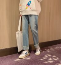 A tea and Agu autumn light blue flanging jeans mens straight loose Korean trend retro casual pants