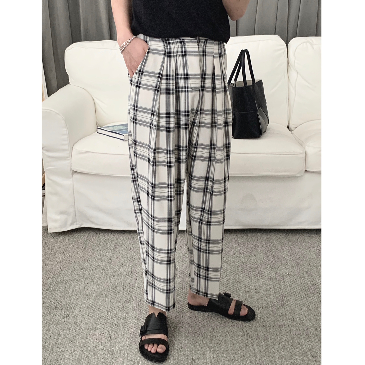 Atea with Agucheckered Romanian Radish Pants Male Summer Thin tide Han version Loose Tide Card Casual Pants