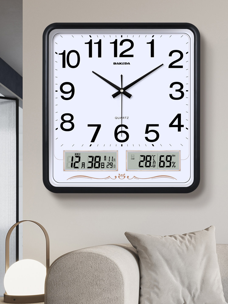 Household Square Wall Clock, Living Room Clock, Modern Clock, Wall-Mounted, Simple and Stylish, Electronic Calendar Wall Clock, Quartz Clock