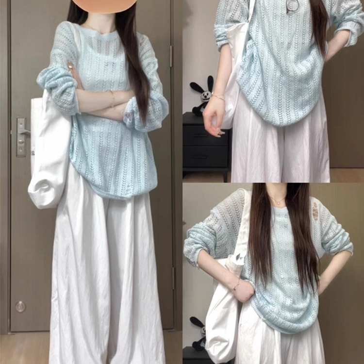 Early Spring Thin Hollow-Out Knit Top, Loose Casual Trendy Versatile Long-Sleeve Lazy Style Summer Sun Protection Cover-Up