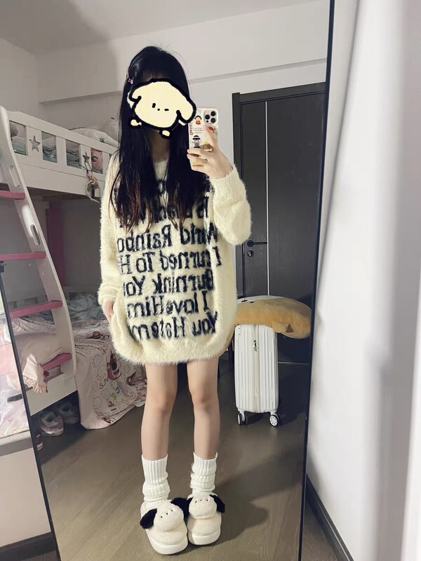National Trend American-Style Letter Print Faux Mink Sweater for Women, Autumn and Winter Street Style ins Lazy Style Loose Knit Top National Trend American-Style Letter Print Faux Mink Sweater for Women, Autumn and Winter Street Style ins Lazy Style Loose Knit Top
