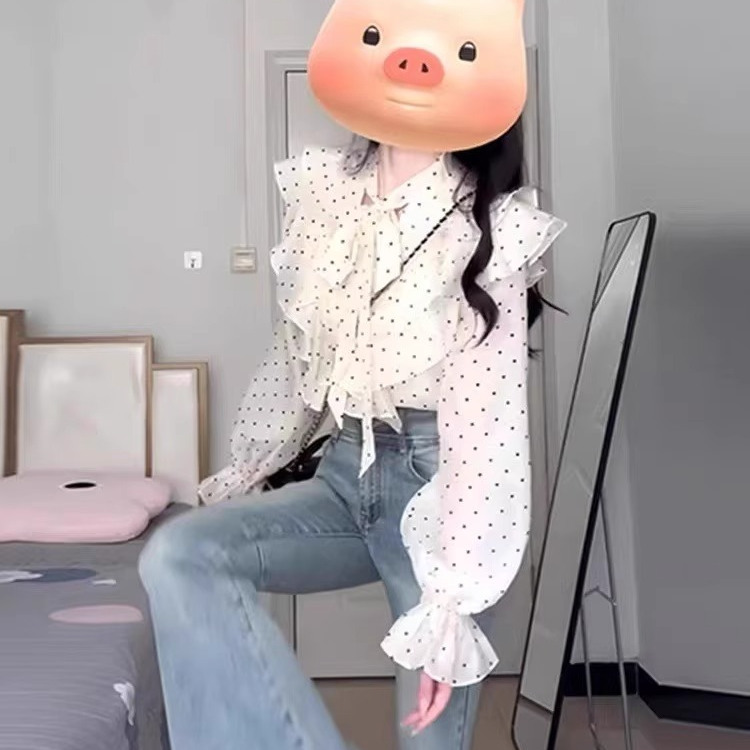 French Ruffled Polka-Dot Chiffon Shirt for Women, Spring & Fall 2026 New Style, High-End, Unique and Chic Long-Sleeved Top