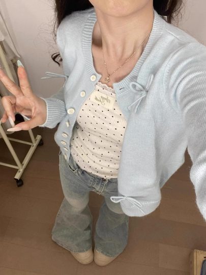 薄荷曼波芭蕾风针织开衫蝴蝶结蓝色毛衣女甜妹韩系春秋季外套上衣