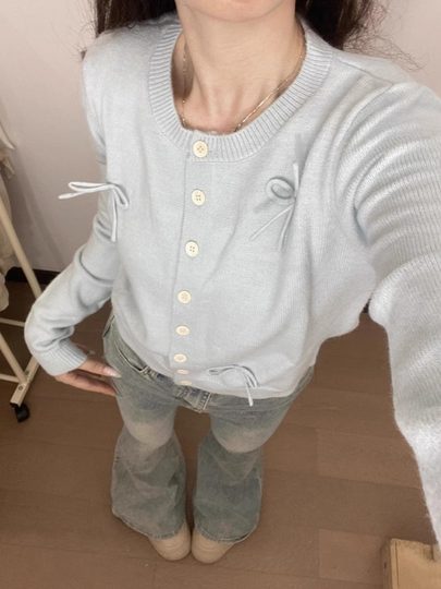 薄荷曼波芭蕾风针织开衫蝴蝶结蓝色毛衣女甜妹韩系春秋季外套上衣