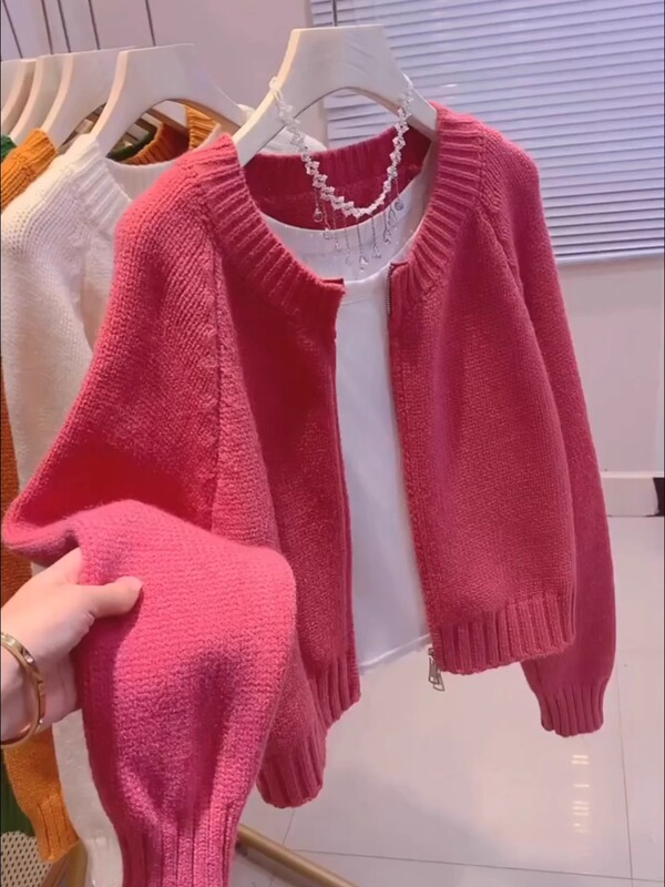 Rose Red Short Sweater Jacket Spring 2026 New Korean Style Loose and Lazy Outerwear Zipper Knitted Cardigan