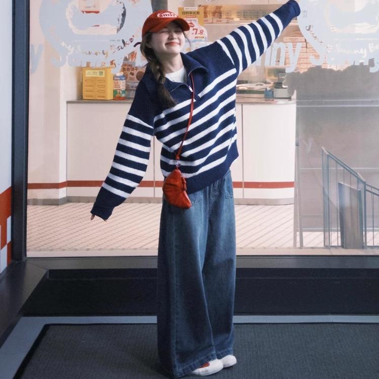 French-Style Striped Long-Sleeve Sweater for Women, 2025 Autumn, Loose and Lazy Style, Pullover Half-Zip Knit Top French-Style Striped Long-Sleeve Sweater for Women, 2025 Autumn, Loose and Lazy Style, Pullover Half-Zip Knit Top