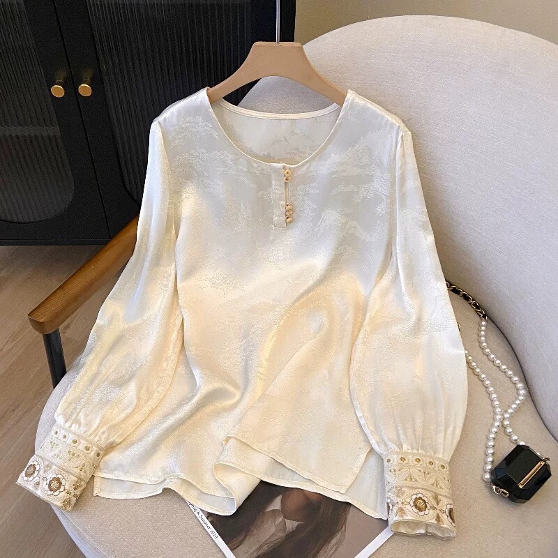 New Chinese-Style Vest with Traditional Chinese Style Base Layer, Long-Sleeved Embroidered Jacquard Satin Shirt, Mulberry Silk Shirt for Women