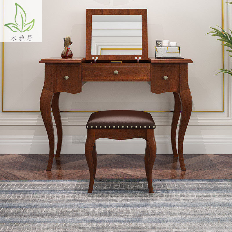 Solid wood clamshell makeup table American look at desk make-up Desk one-piece small family Nordic minimalist with mirror containing cabinet
