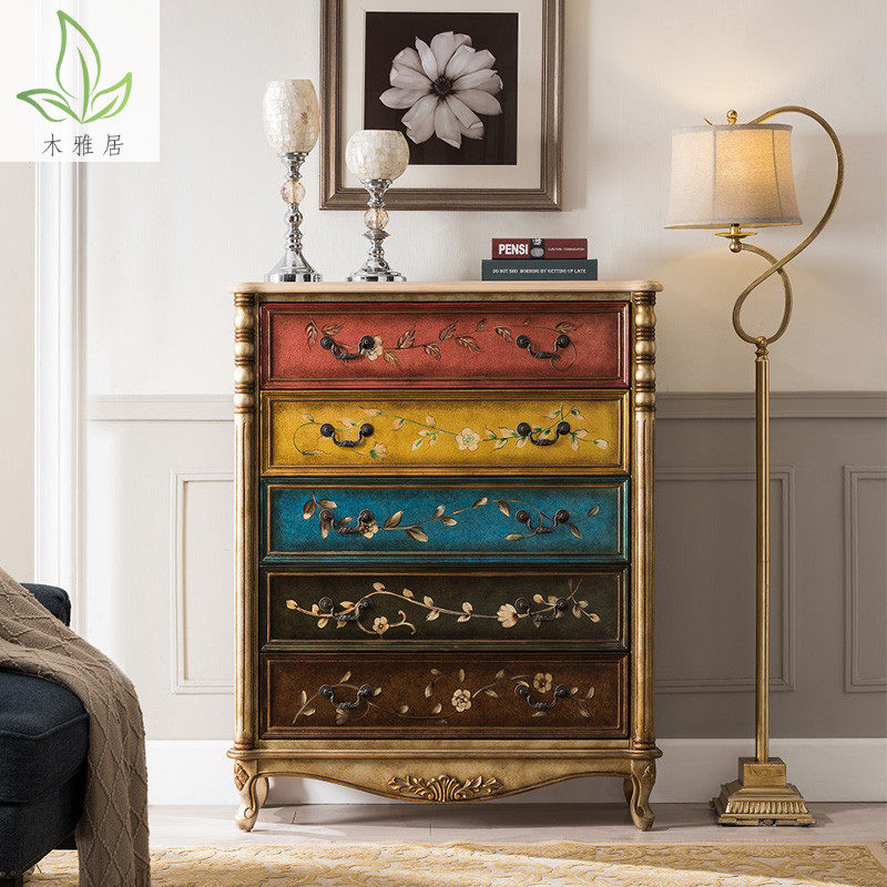 American-style solid wood painted drawer cabinet bedroom multi-functional storage cabinet living room retro three-drawer cabinet four-bucket five-drawer side cabinet