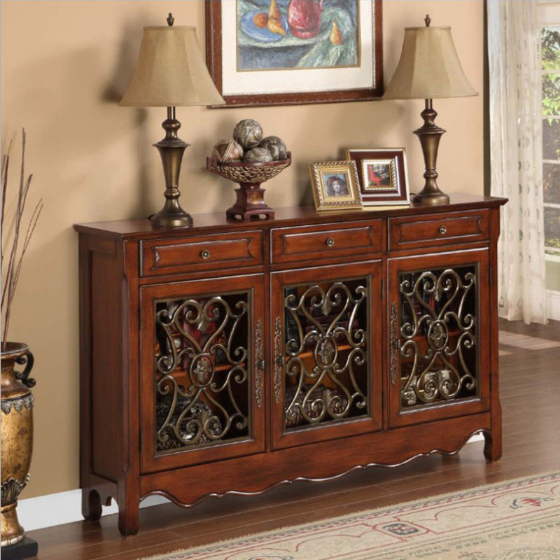 American solid wood large capacity shoe cabinet retro hollowed-out multilayer shoe rack livingroom Carved Flowers Storage Side Cabinet Colored Drawing Bowl Tray Cabinet