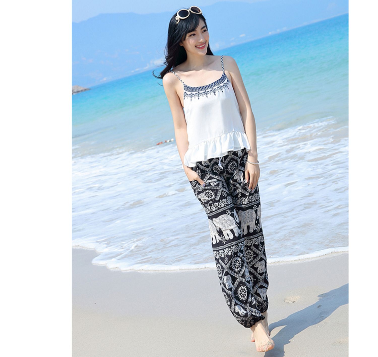 Quần Harlan hoa nữ quần nữ mùa hè mỏng phần bên ngoài mặc quần ống rộng boho quần ống đi biển - Quần Harem quần thun dài nữ