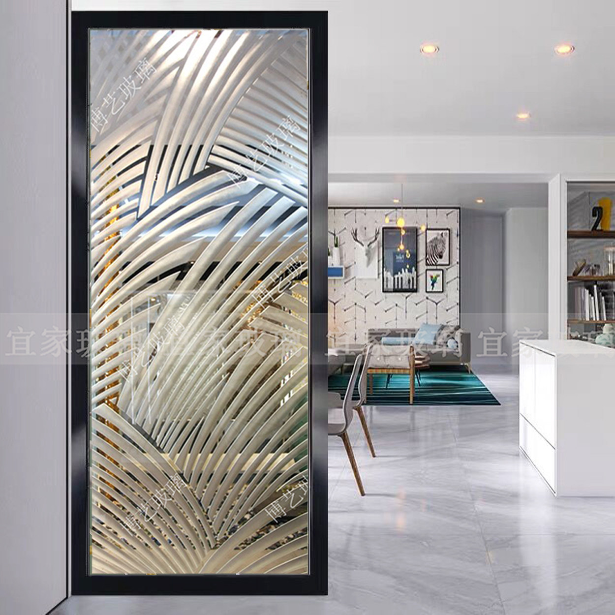 Shanghai art glass partition Modern simple light luxury entrance bathroom dry area Hand carved tempered glass