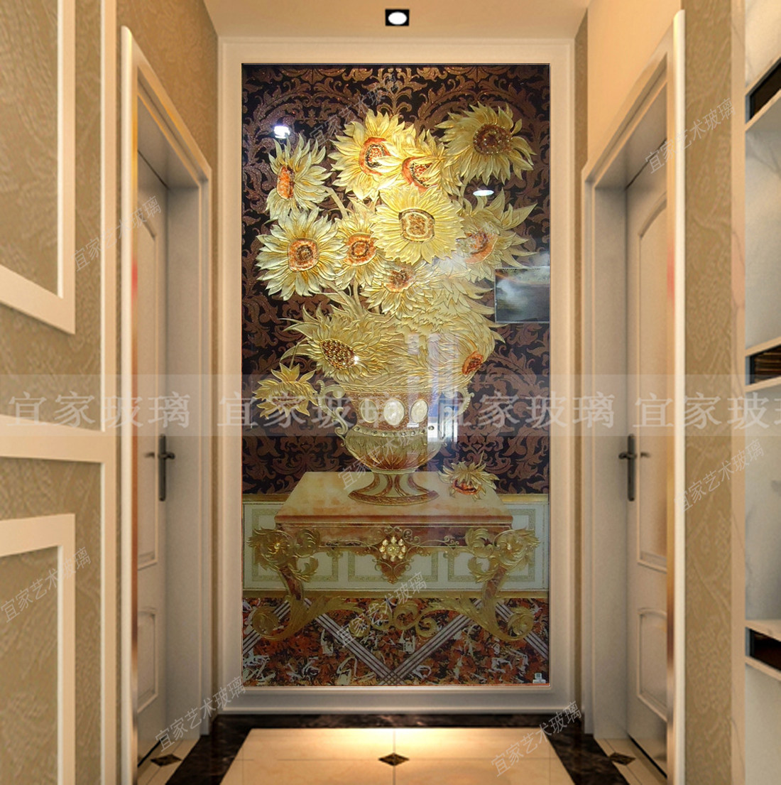 Art glass porch European-style villa hall background wall deep carving gold foil high-end dining room background three-dimensional luxury