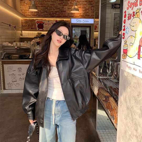 Black American retro pu leather jacket for women in spring and autumn new style high-end style loose motorcycle leather jacket