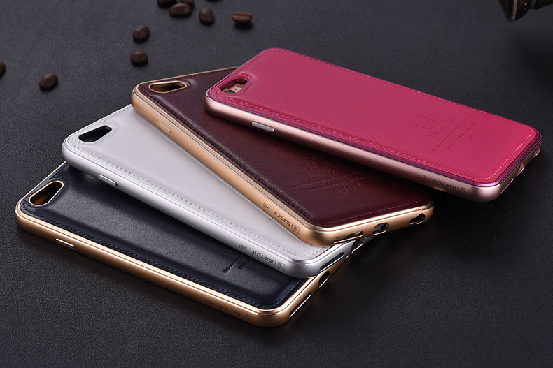iMatch Luxury Aluminum Metal Bumper Premium Genuine Leather Back Cover Case for Apple iPhone 6S/6 & iPhone 6S Plus/6 Plus