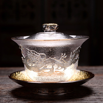 Upscale transparent glass lid bowl suit single thickened heat-resistant kung-fu teacup 3-only cup size Chinese creativity