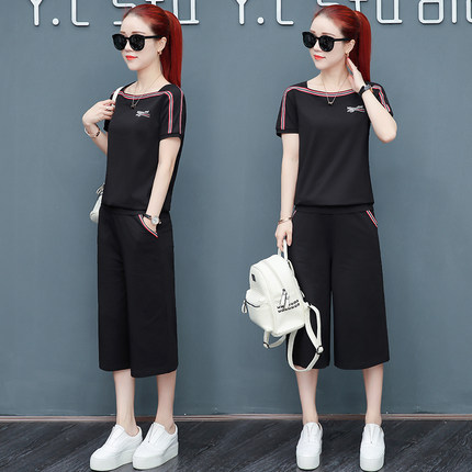 2018夏季新款时尚休闲韩版七分阔腿裤套装女