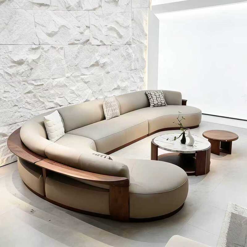 Song-Style Aesthetics North American Black Walnut Solid Wood Curved Sofa for Villa Large Flat-Floor High-End Living Room Leather Sofa