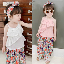 Summer new childrens baby Korean sweet cute wooden ear lace suspender vest girl ruffle small suspender