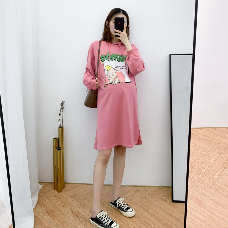 Maternity sweater dress autumn and winter mid-length fashion all-match tide mother breastfeeding clothes cartoon hooded maternity sweater dress