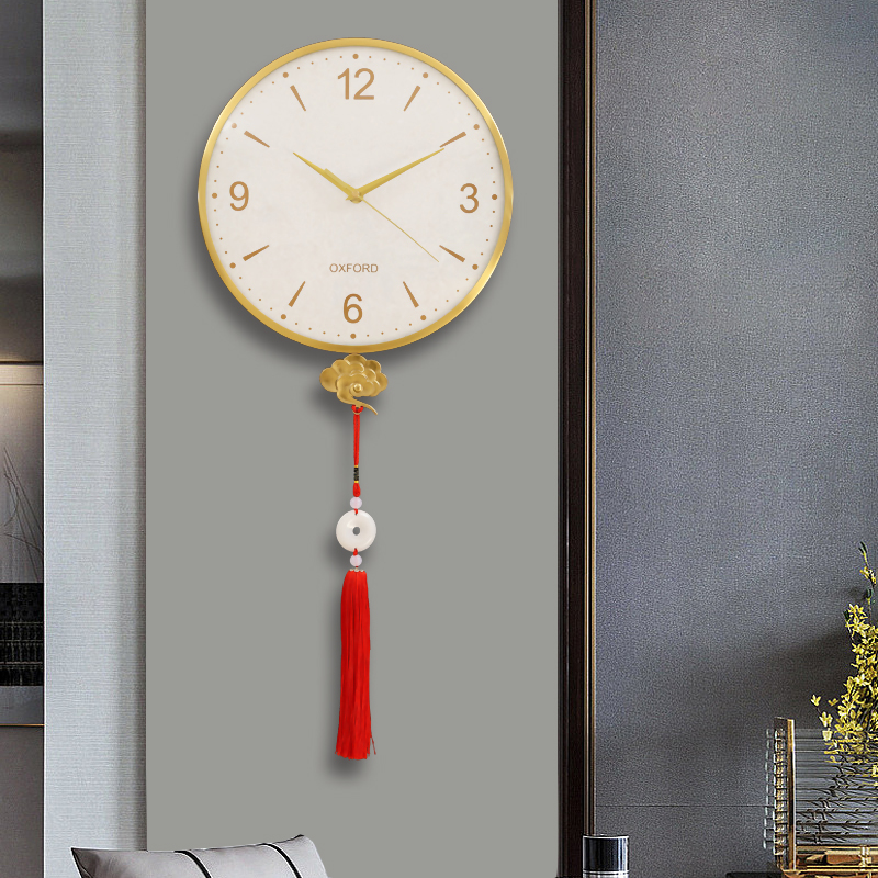 New Chinese style Xiangyun brass wall clock simple mute clock home living room creative round decoration all copper watch hanging wall