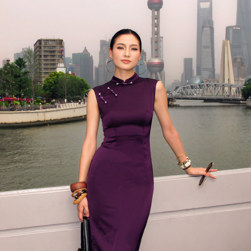 [Original by Qingdu Shuilang] Natural and Graceful Dark Purple Satin Side-Slit Plain Cheongsam Dress