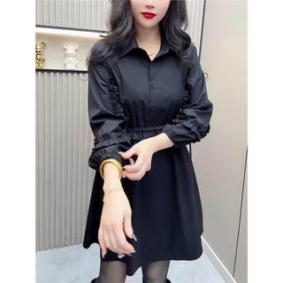 MD网红连衣裙女26年早春新款洋气翻领半扣木耳飞飞袖抽绳腰衬衫裙