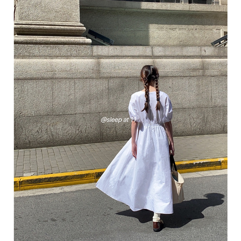 Sleep at 11 French style small crowdsourced gentle wind Summer V collar short sleeves cashew slim young girl long dress