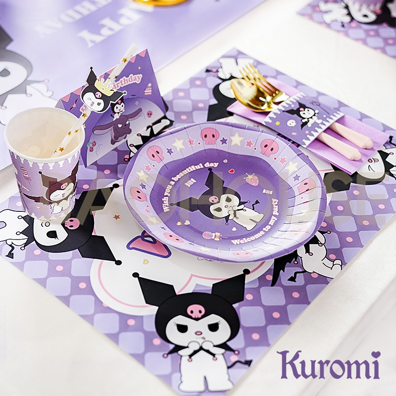 Kuromi Themed Birthday Decoration Tableware Hat Water Cup Banner Disposable Tablecloth Plate Straw Kuromi Themed Birthday Decoration Tableware Hat Water Cup Banner Disposable Tablecloth Plate Straw