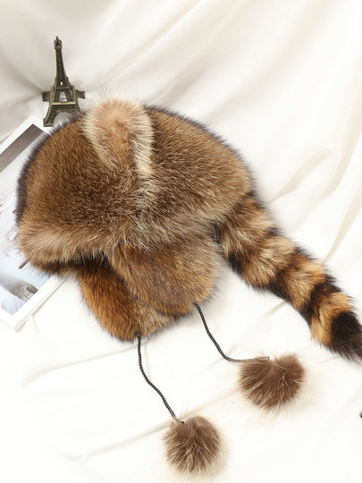 Little Raccoon Tail Earflap Hat, American Raccoon Women's Lei Feng Hat, Winter Fox Fur Children's Fur Hat