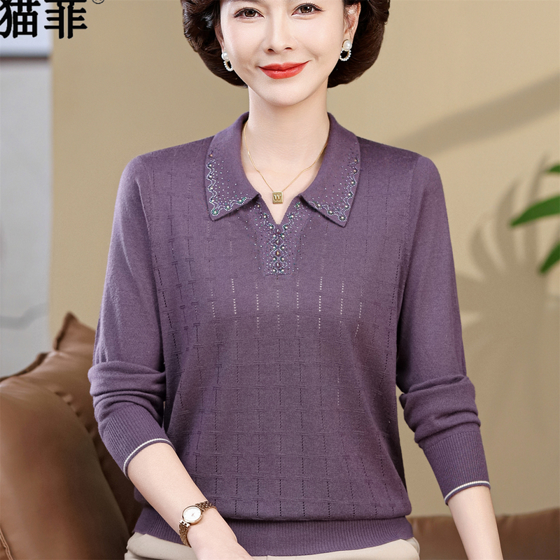 Mom's New Autumn Knit Top, Long-Sleeved, Stylish, Thin Wool Sweater, Loose-Fitting Base Shirt for Middle-Aged and Elderly Women in Their 50S