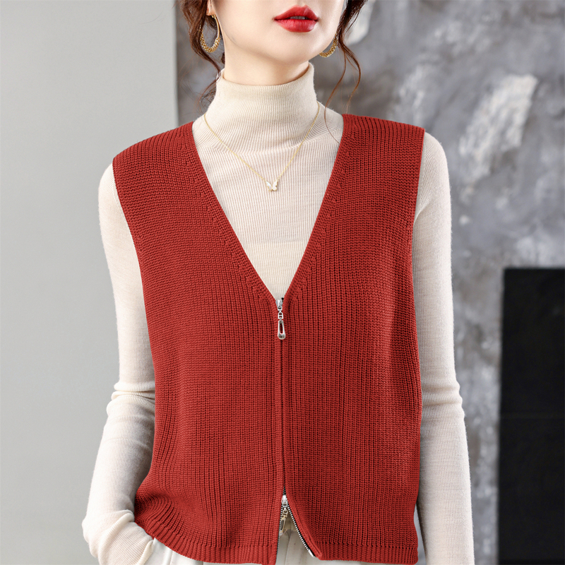 Trendy New V-Neck Zip-Up Vest for Middle-Aged and Elderly, Spring and Autumn Outerwear, Warm Knitted Sleeveless Sweater Cardigan