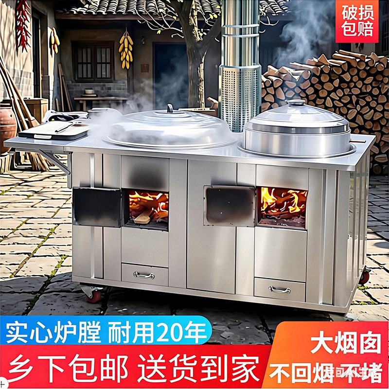 Stainless Steel Firewood Stove for Rural Household Use, Mobile Wood-Burning Large Iron Pot, 304 Earth Stove, Smokeless Outdoor Double Stove
