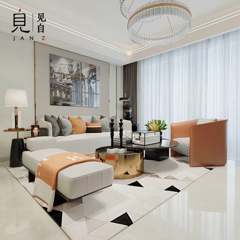 Postmodern light luxury leather art sofa combination simple living room Italian new villa hotel model room furniture customization
