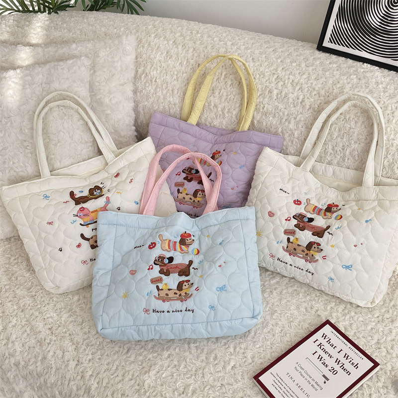 Autumn and Winter Quilted Cotton Cute Puppy Embroidered Handbag Shopping Bag Lunch Bag Tote Bag for Women