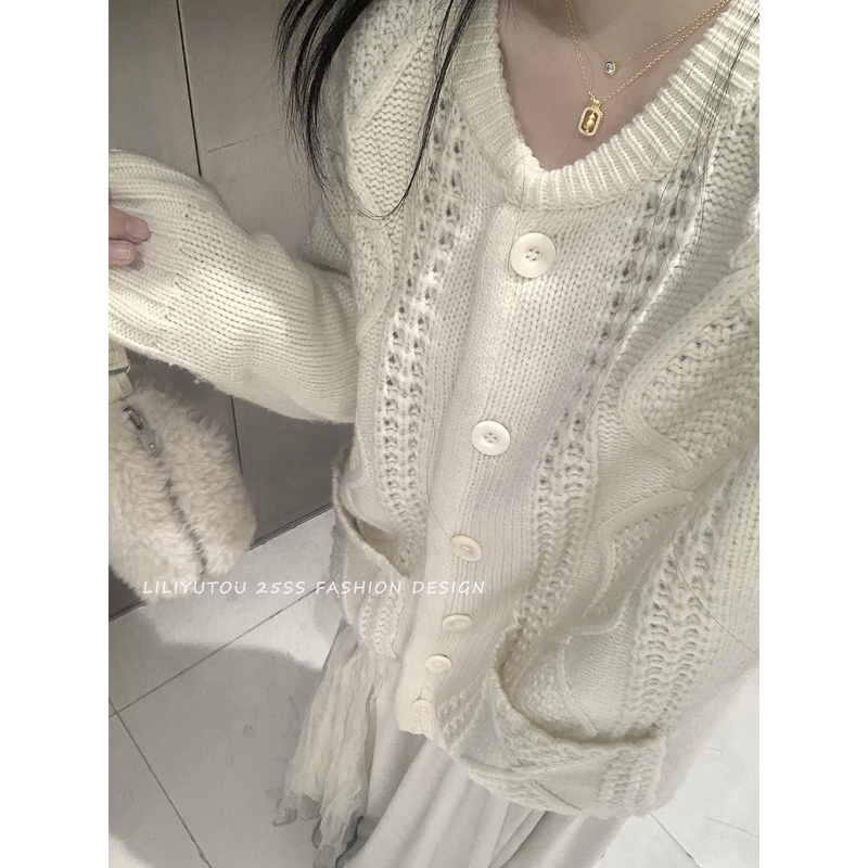 Lili Taro Today's Healing White All-Wool Cable Knit Cardigan Sweater That Looks Great When Worn Alone or Layered