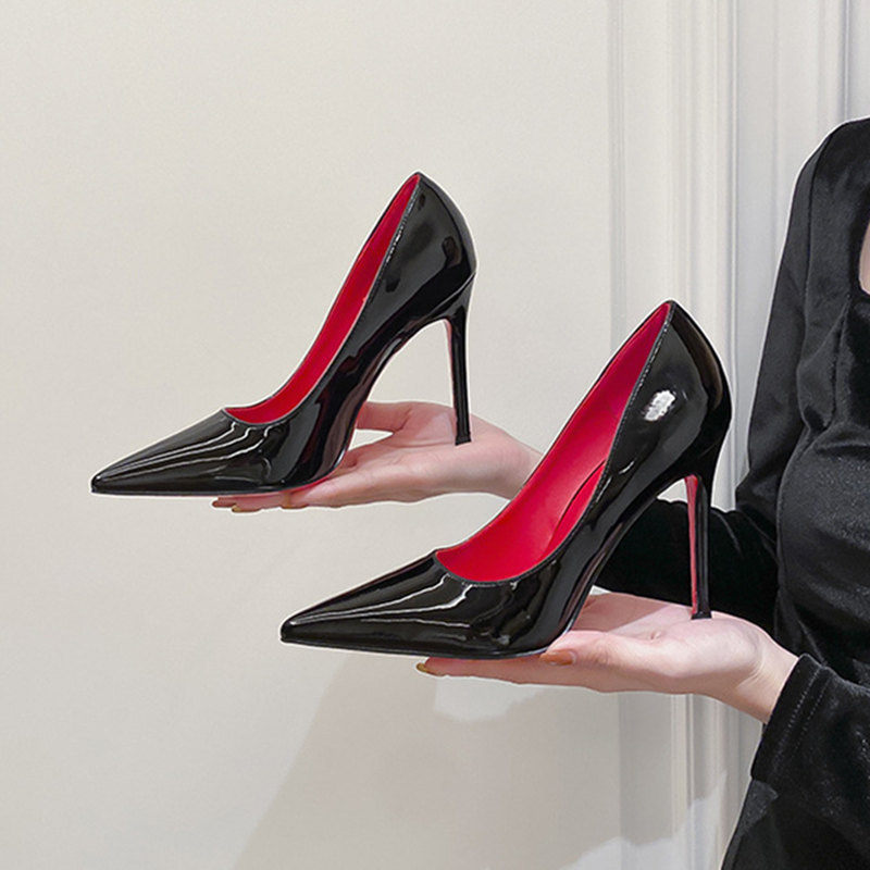 Red-Soled High Heels for Women, Black Patent Leather, Sexy Stiletto Heels, Pointed Toe, French Style, New Style, Elegant Lady, Large Size, Small Size