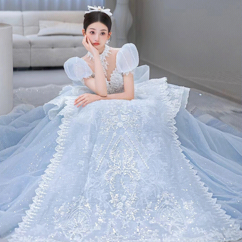 Ice and Snow Blue Princess Wedding Wedding Bubble Sleeve Tail Tail Heavy Works Ice and Snow Blue Princess Wedding Wedding Bubble Sleeve Tail Tail Heavy Works