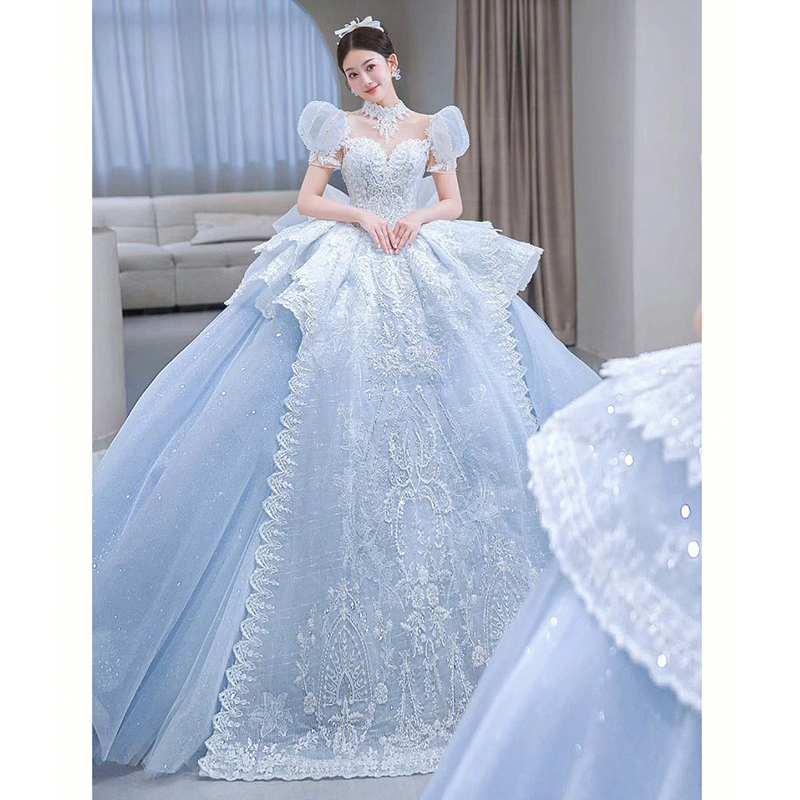 Blue Wedding Dress 2026 New Style Bridal Gown with Heavy Craftsmanship, Luxurious Train, Runaway Princess French High-End Texture