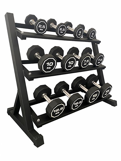 Six Sets of 2.5~15.3kg-Tier Dumbbell Racks, Model House Mezzanine Floor Decoration Design, Fitness Equipment