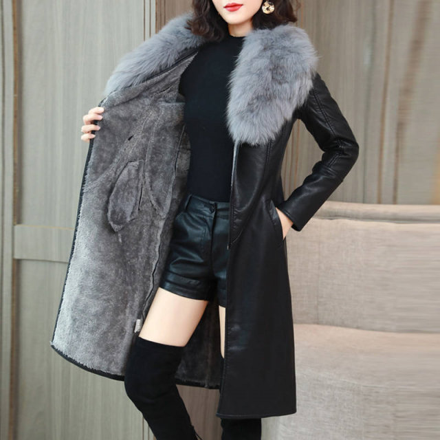 Autumn and winter PU leather women's velvet thickened mid-length 2022 new Korean version large size thin fur coat