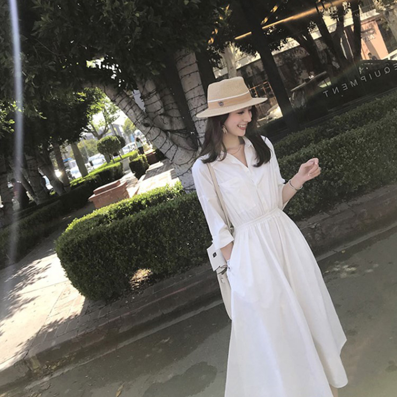 Hong Kong Tide Card 2022 Summer New Super Fairy sensational style white shirt Ocean dress with long version of beach dress