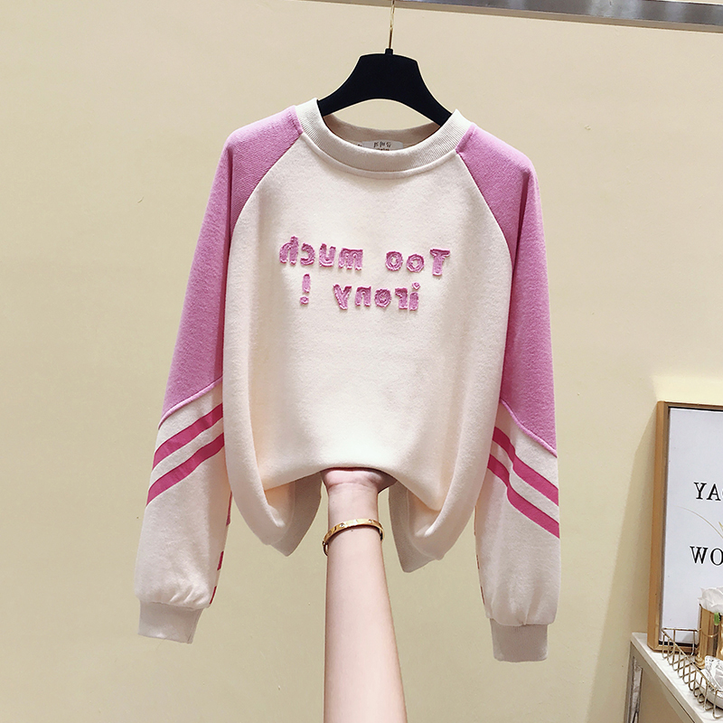 Tide card 2022 Spring and autumn new Korean version loose sheet Long sleeves thick cotton T female coat splicing letter blouses