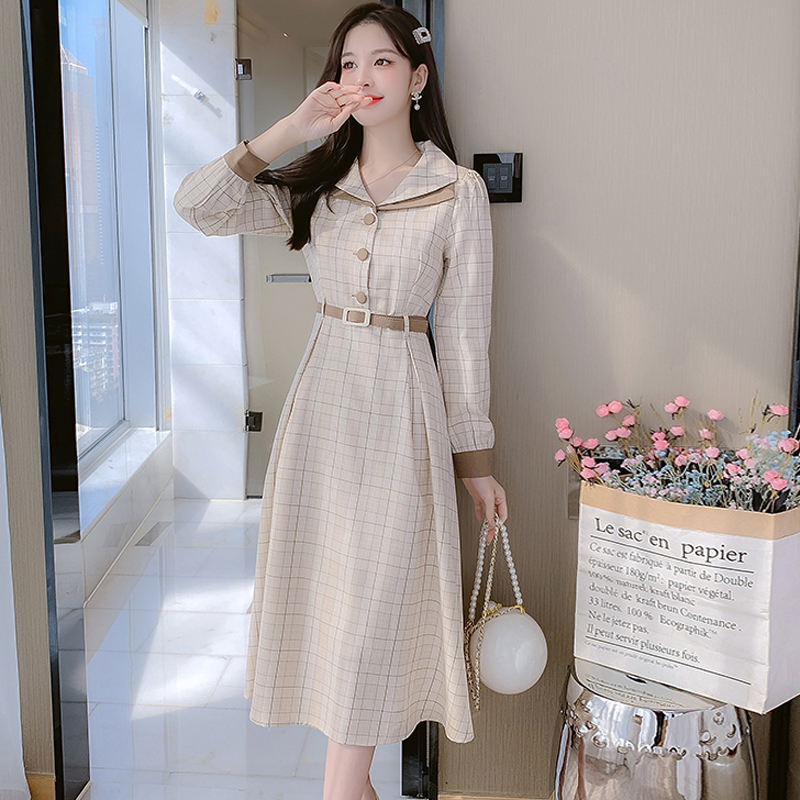 Advanced Sensational checkered Dress Children Spring Dress 2022 New Style Retro Temperament Cashew long skirts