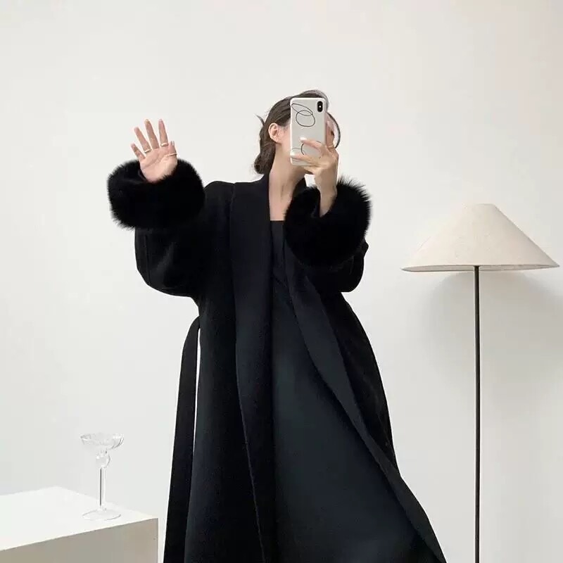 Black Detachable Oversized Fox Fur Double-Sided Cashmere Coat for Women 2025 Winter New Style Petite Woolen Coat