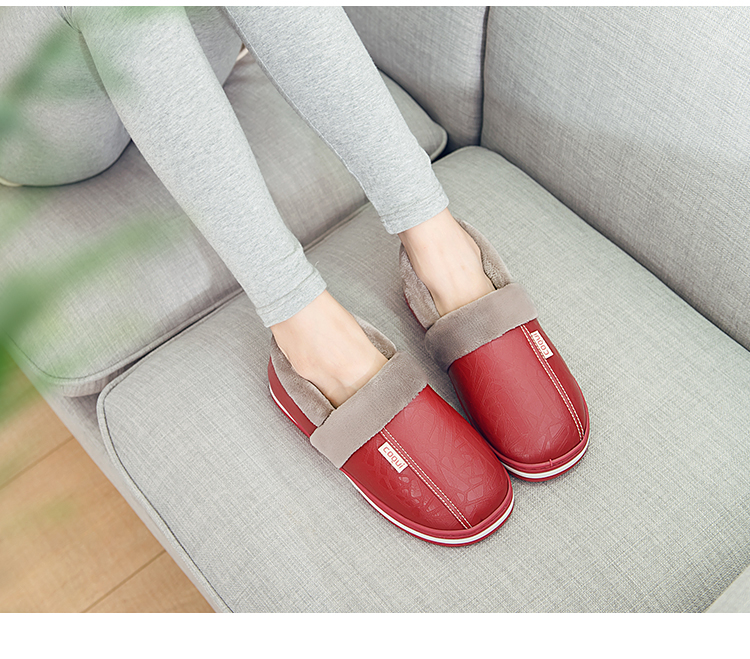 Đơn giản đôi giày da mùa đông PU với dép bông nam nhà trong nhà chống trượt dày đáy ấm giày cotton nữ dép nhà vệ sinh