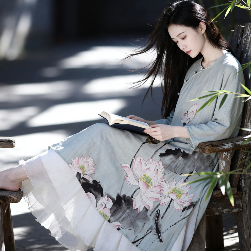 Cangyun Autumn Water Ripples | No Clothes | Niche Cool Wind Ink Color Soft and Breathable Double-Layer Cotton Improved Light Chinese Robe