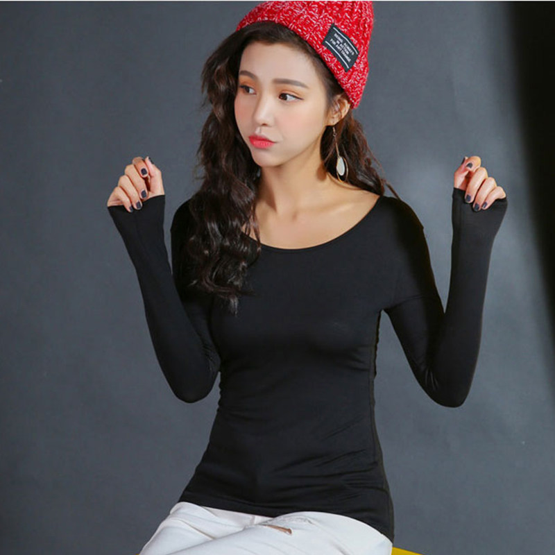 Modal cotton base shirt women's slim inner long-sleeved spring and autumn thin T-shirt low-neck tight top black wild